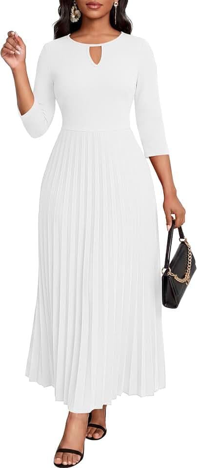 FANDEE Women's Keyhole Pleated 3/4 Sleeve Formal Maxi Church Dress