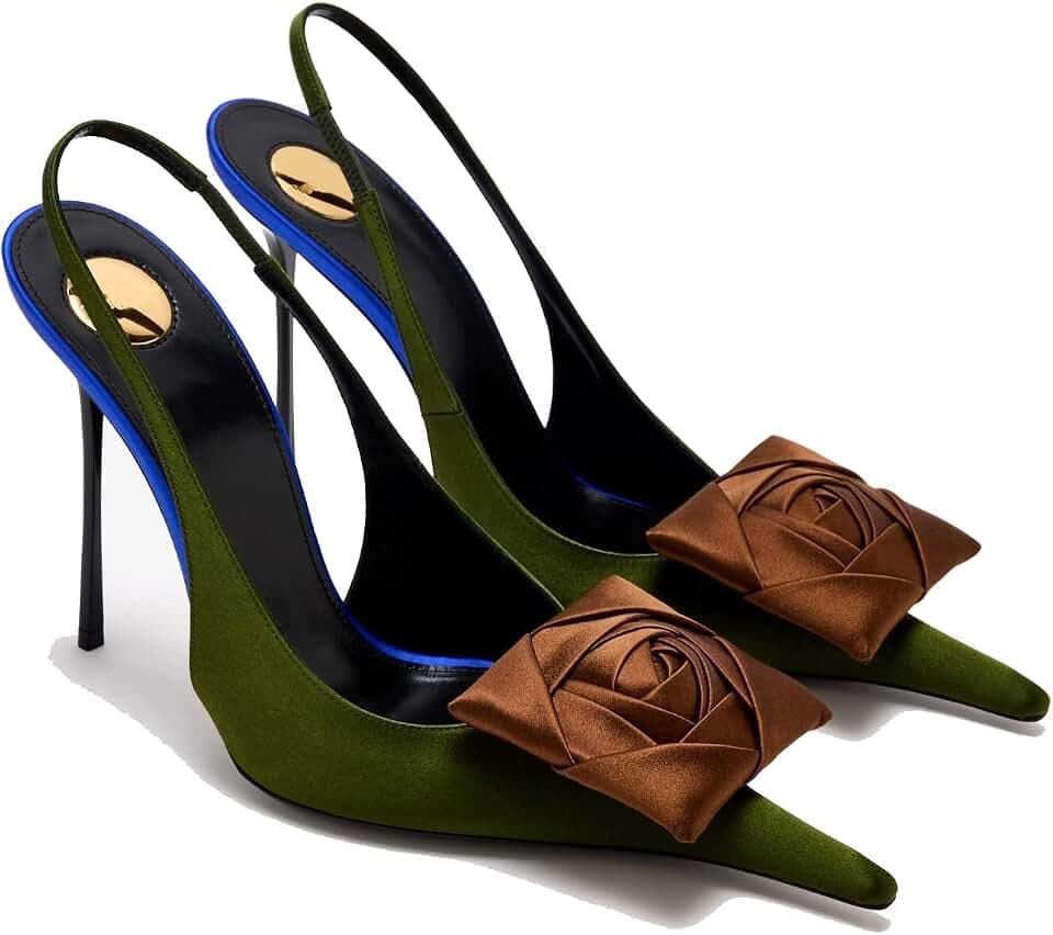 THESHY Women's Slingback High Heels Floral Appliqués Pointed Toe Slip On Satin Stiletto Pumps Fashion Party Dress Shoes for Women