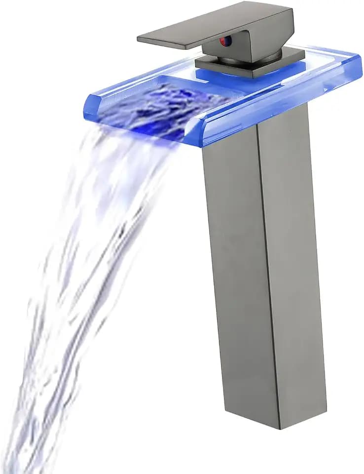 LED Bathroom Faucet Dark Gray, Waterfall Faucet1 Hole with Glass Spout Tall Bathroom Sink Faucets Vessel Sinks Vanity Faucet Contemporary