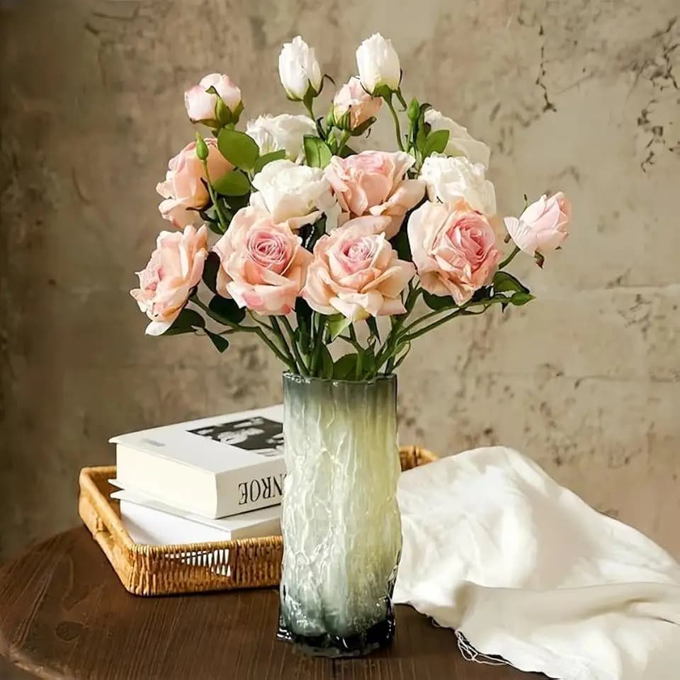 5Pcs Artificial Roses Flowers for Vase -22",Bulk Vintage Faux Silk Burnt Edge Rose Long Stems for DIY Bouquets Wedding Centerpieces Home Decor (No Vase)