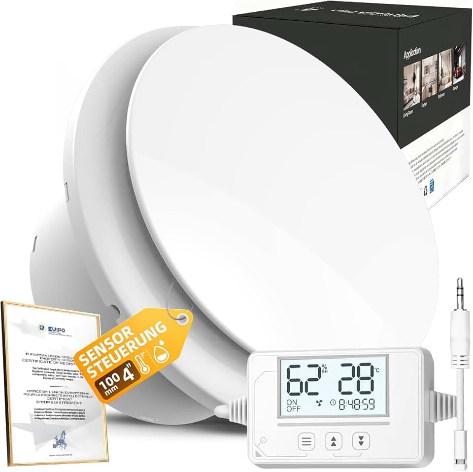 Badlüfter mit Feuchtigkeitssensor Temperatursensor Timer - 3 Stufen Bad Lüfter 100mm - Automatischer leiser Leistungsstark Abluftventilator for Badezimmer WC keller P107 (ohne Fernbedienung)