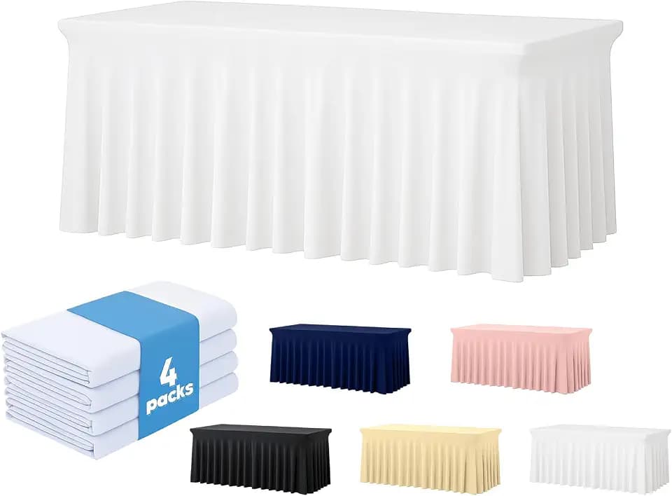 Deep Dream 4 Pack White Spandex Fitted Tableclothes for 6 Foot Rectangle Tables, Wrinkle Free 6FT Fitted Table Cover, Stretch Tablecloth Table Skirt for Party, Banquet, Wedding and Events