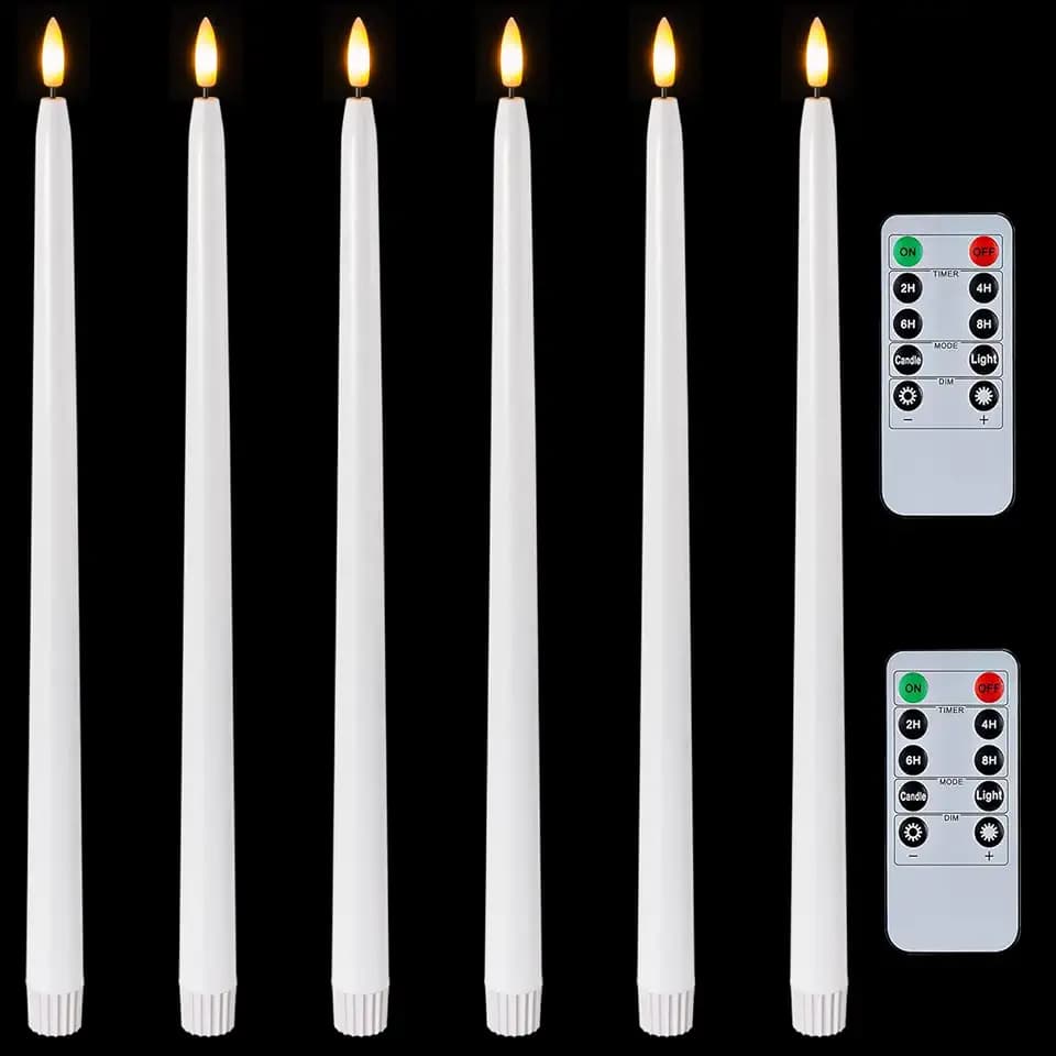 Homemory 15 inches Real Wax Flameless Taper Candles with Remote Timer, 6 Pcs White LED Taper Candles Battery Operated with 3D Flickering Flame, Window Candle Led Candlesticks for Dinners Home Decor