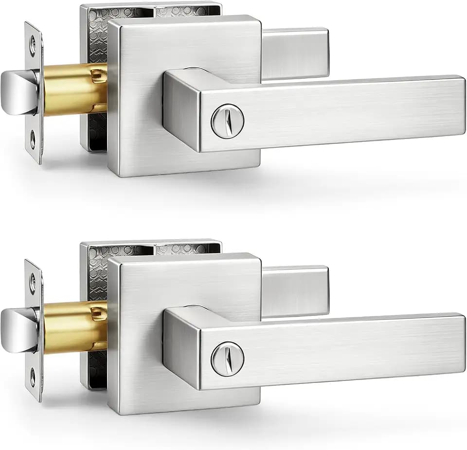Probrico Interior Brushed Nickel Door Handle, Heavy Duty, Flat Square Privacy Door Handles, Keyless Door Levers Lockset for Bedroom and Bathroom (2 Pack, Modern)