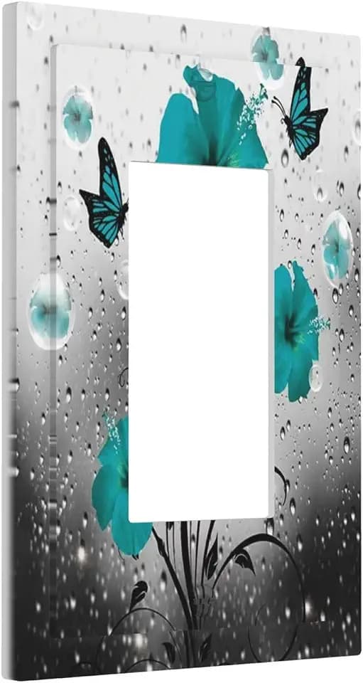Teal Gray Turquoise Floral Flower Butterfly Cute Droplet Modern 1 Gang Single Rocker Art Wall Plate Decorative GFCI Light Switch Cover Electrical Faceplate Outlet for Bathroom Bedroom Kitchen