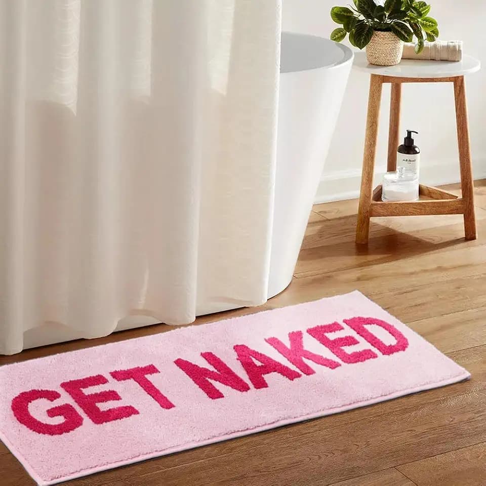 Get Naked Bath Mat Runner, 17 x 47 Inch Long Non Slip Absorbent Pink Bathroom Runner, Machine Washable Bath Rugs, Soft Naked Carpets for Bathroom Shower, Pink