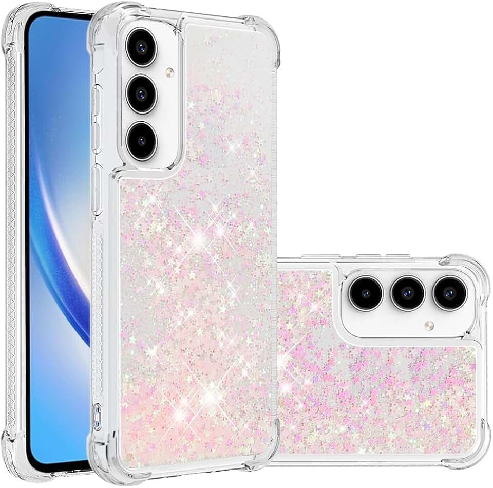 IMEIKONST Glitzer Hülle Kompatibel mit Samsung Galaxy A55 5G, Handyhülle Flüssig Mädchen Treibsand Schuzhülle Glitzer klar Stoßfest TPU Bumper Silikon Case für Samsung A55 5G. Star Pink YBW