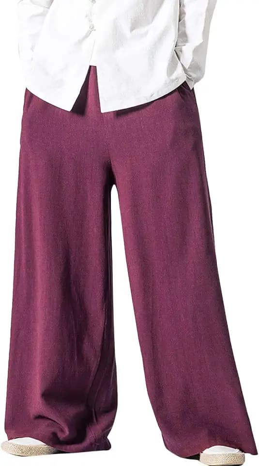 Flygo Linen Pants Men Casual Wide Leg Baggy Trousers with Pockets
