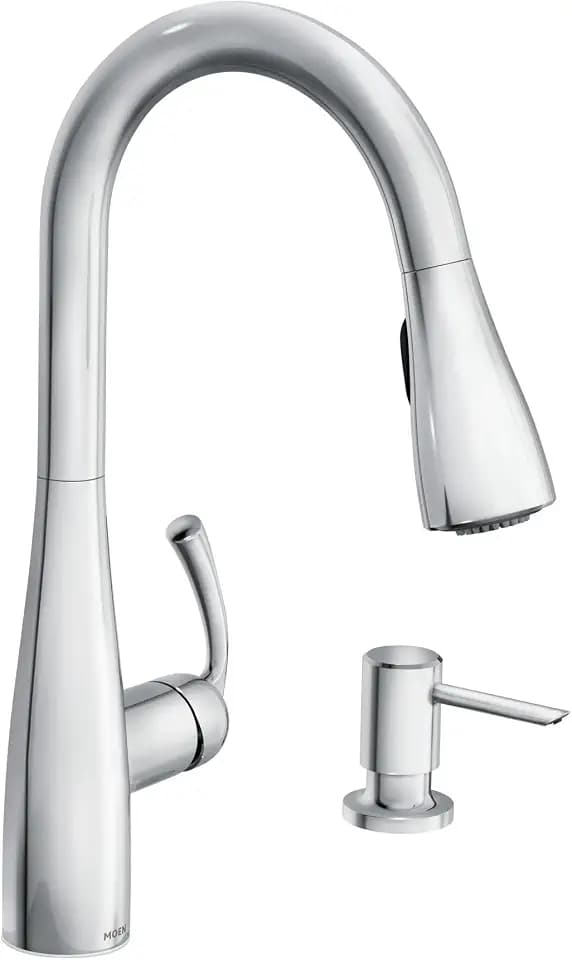 Moen Essie Chrome Single Handle Pull-Down Sprayer Kitchen Faucet with Soap Dispenser, Reflex and Power Clean Technology, 87014