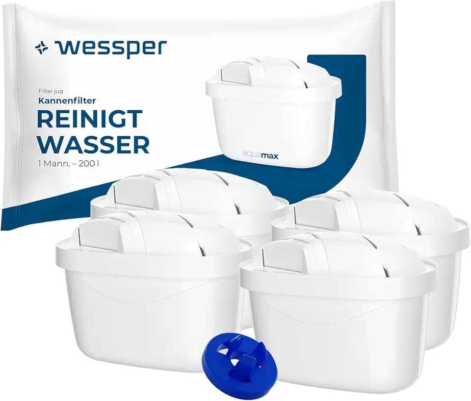 Wessper Wasserfilter Kartuschen 4er Set | Kompatibel mit Brita, Dafi, Philips und Aquafloow Wasserfilterkannen | Reduziert Chlor & Kalk für reineres Trinkwasser | Kompatibel mit Wasserfilterkannen