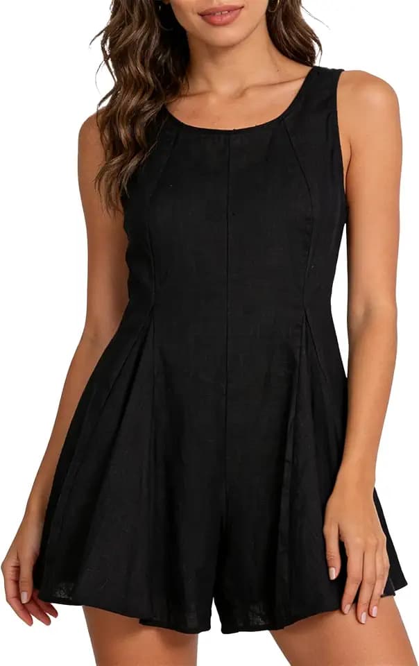 Amazhiyu Womens 100% Linen Sleeveless Romper Ruffle Hem
