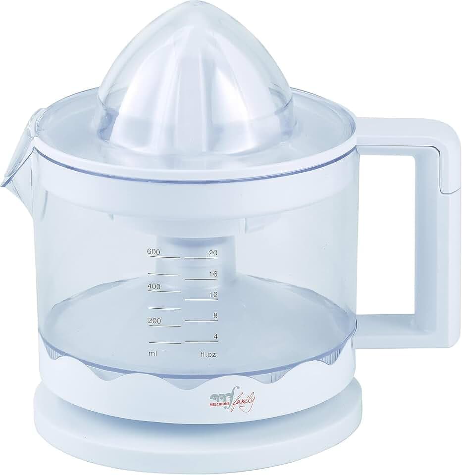 Melchioni Family | Elektrische Saftpresse ZUMO, Doppelte Drehbewegung, Automatischer Druckantrieb, Schutzabdeckung, Abnehmbare Karaffe mit 0,6 l Griff, Kabelaufwicklung, 30W