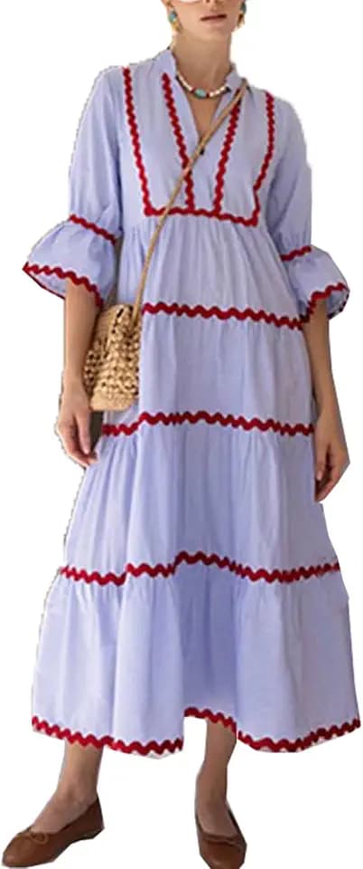 utcoco Women's Summer Beach Vacation Boho Striped RIC Rac Dress Flutter 3/4 Sleeve Tiered A Line Flowy Long Dress