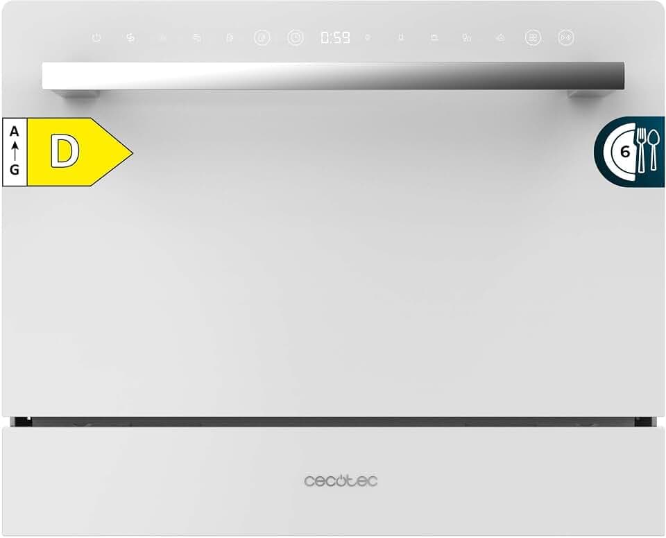 Cecotec Kompakt-Geschirrspüler für 6 Gedecke Bolero Aguazero 2400 White Glass. 1380W, Weißglas-Finish, 5 Programme, Touch-Bedienfeld, programmierbar bis zu 24 Stunden, Kindersicherung und Besteckkorb