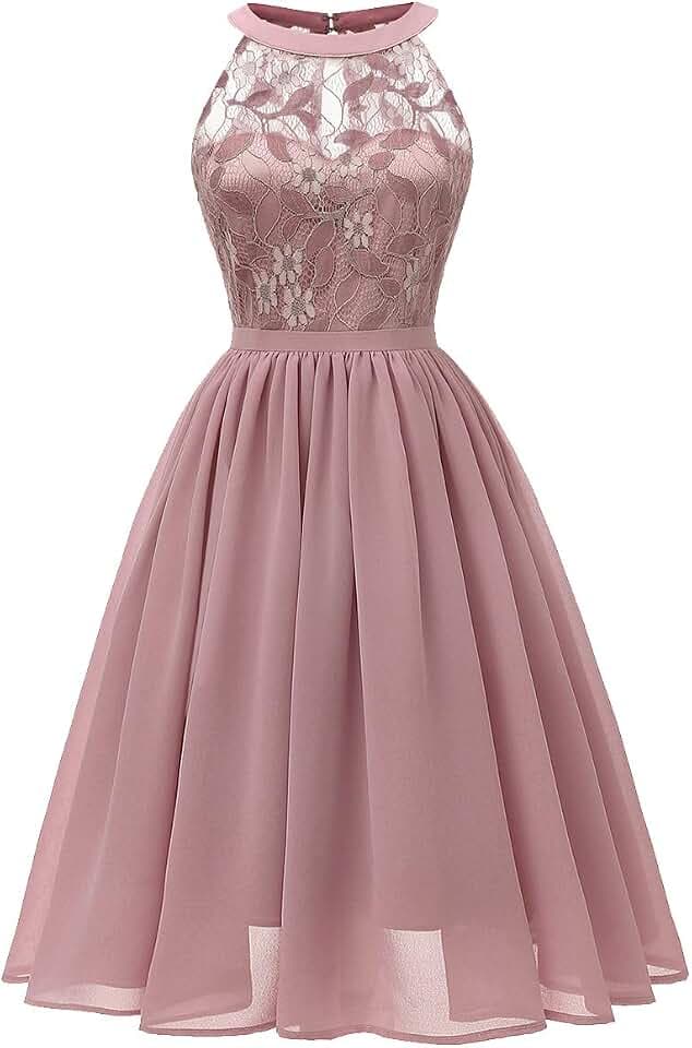 Abendkleider Elegant für Hochzeit Damen 50er Jahre Rockabilly Neckholder Swing Spitzen Chiffon Kleid Festlich Abschlusskleid Brautkleid Cocktailkleid Weihnachten Silvester Kurz Partykleid Rosa L