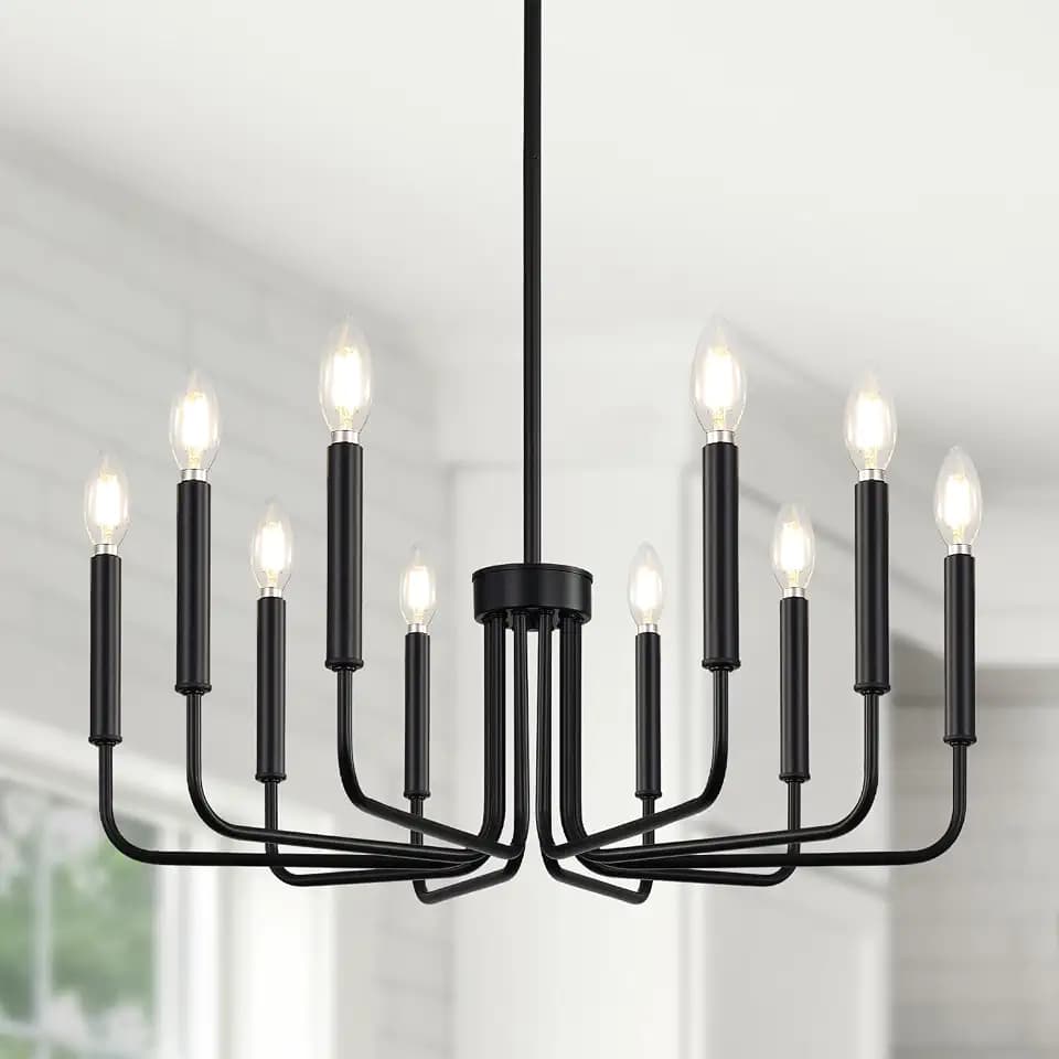 Yunnix 10 Light Black Chandelier, Farmhouse Chandelier for Dining Room Light Fixture Hanging, UL Listed Industrial Modern Chandelier for Bedroom, Kitchen, Living Room, No Assembly Required
