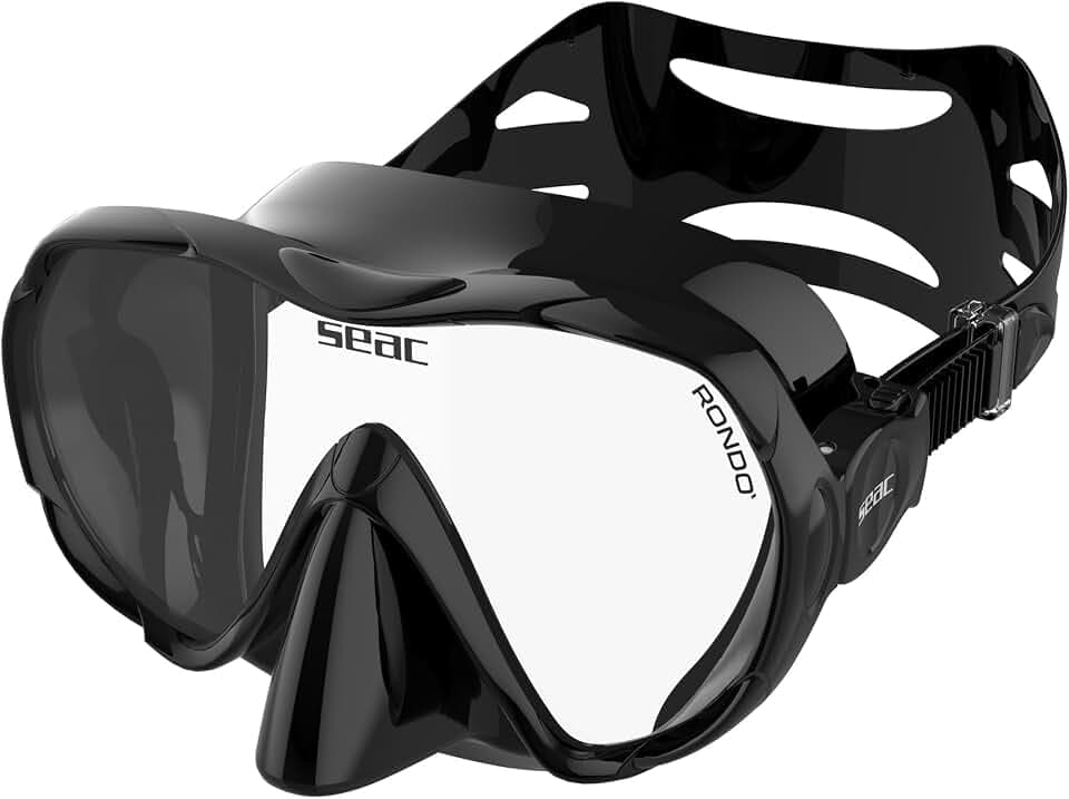 SEAC Rondò Rahmlose Einglas-Silikonmaske zum Tauchen und Schnorcheln oder Combo-Set Maske + Schnorchel SEAC Reverse Dry mit Dry-Top-System und Ausblasventil