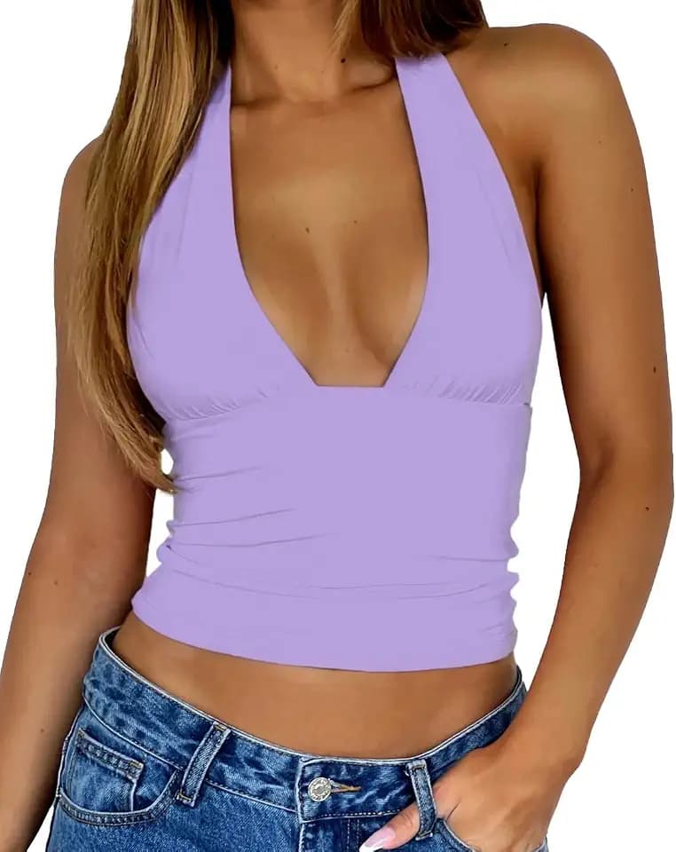 ForeFair Women Sexy Halter Deep V Neck Backless Crop Tank Top Open Back Sleeveless Slim Fit Y2k Summer Tops