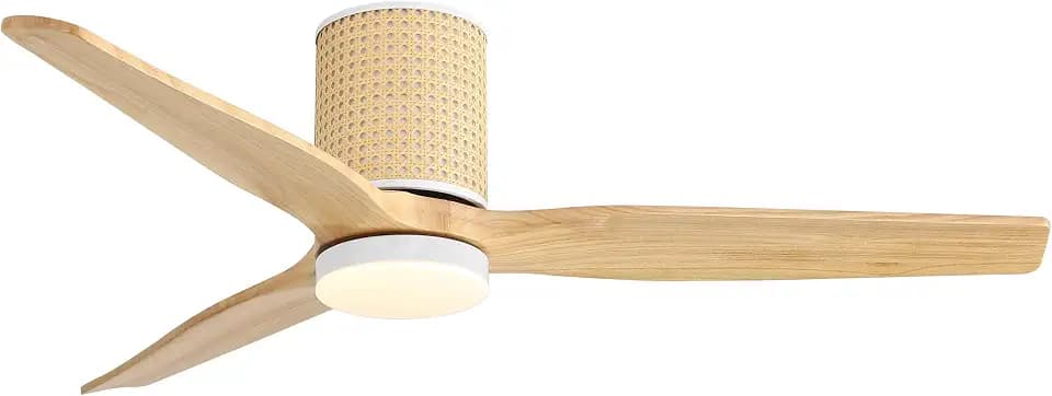 LEDLUX 52" Ceiling Fan with Light - Low Profile Flush Mount Ceiling Fan, 6-Speed Remote Control, Solid Wood, Quiet Reversible DC Motor, Wood/White Finish, for Bedroom, Living Room, Porch
