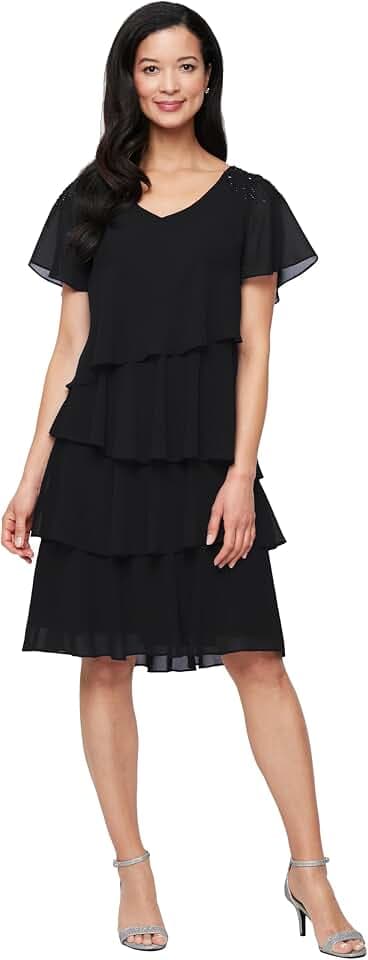 S.L. Fashions Women's V-Neck Chiffon Cocktail Dress with Beaded Shoulders and Asymmetrical Tiers