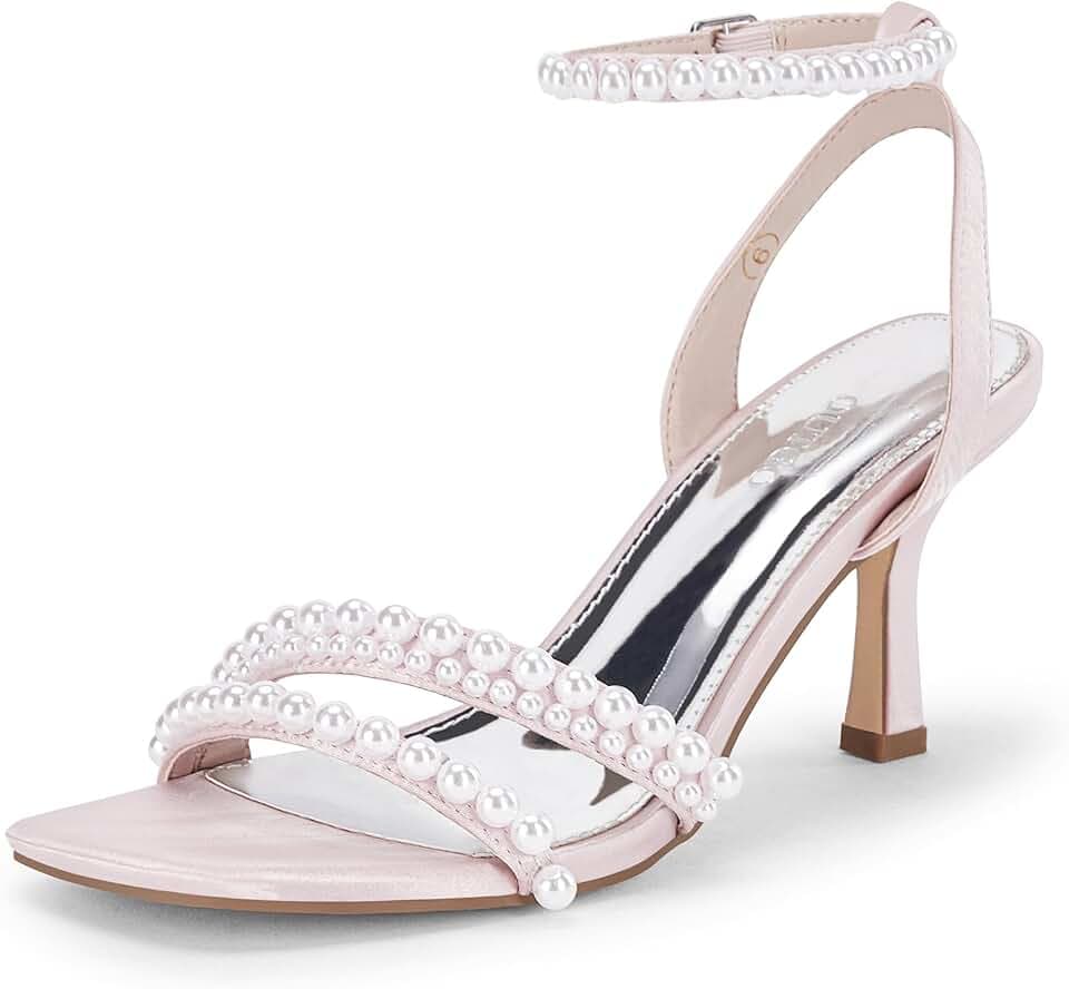 Coutgo Womens Pearl Kitten Heels Sandals Square Open Toe Dress Sandals Ankle Strap Satin Wedding Party Summer Sandals