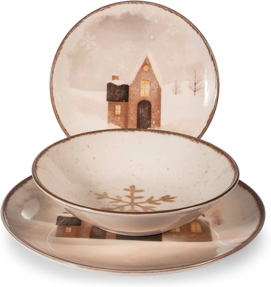 H&H 18-teiliges Weihnachtsgeschirr-Set, Zimtbraun, Steingut
