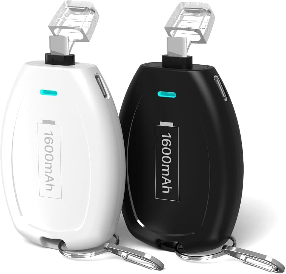 2-Pack USB-C Keychain Portable Charger, 1600mAh Mini Power Bank Ultra-Compact Battery Pack Power pod Keyring for iPhone 17/16/15 / Android Type-C Phones Galaxy, Pixel, Moto etc-Black&White