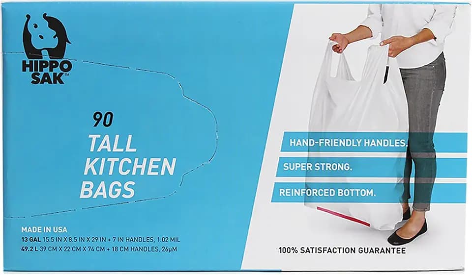 Hippo Sak - Tall Kitchen Garbage Bags with Ergonomic Handles - 13 Gallon Trash Bags - Super Strong, Patented Reinforced Bottom and Leak Proof Tall Kitchen Trash Bags - Heavy Duty Trash Bags (90 Count)