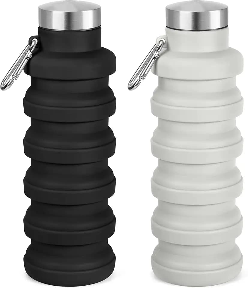 Collapsible Water Bottle, 16oz Portable Reusable Silicone Water Bottle with Carabiner for Gym, Travel, Camping, Hiking, Sports, Lightweight, BPA-Free, Leak-Proof, Foldable Design(Black+ Gray)