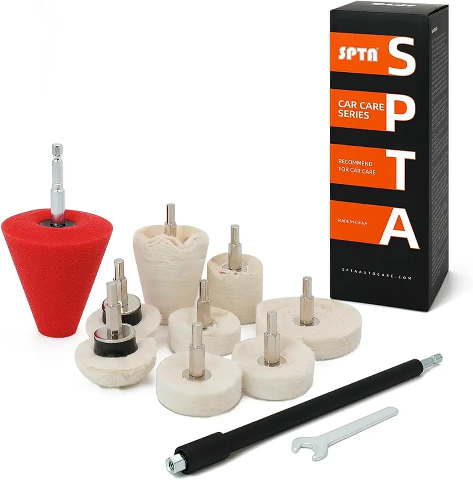 Polishing Wheel, SPTA 9Pcs Polishing Mop Head, Foam Ball Buster Wheel and Rim Polisher System Attaches to Drill for Metal Aluminum,Stainless Steel,Chrome,Jewelry,Wood,Plastic,Ceramic,Glass,etc-PMFCRAW