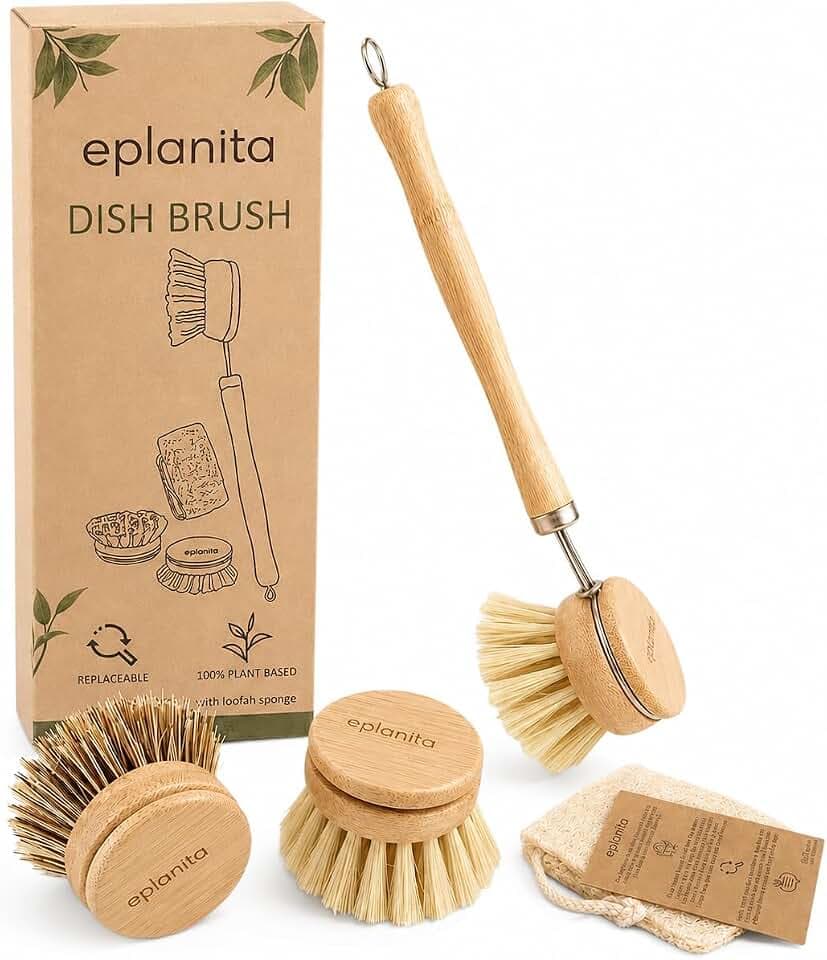 EPLANITA ® Bambus Spülbürste mit 3 Ersatzköpfen, Naturfaserborsten, kompostierbarer Schwamm inklusive, plastikfreie Reinigung für Ihre Küche