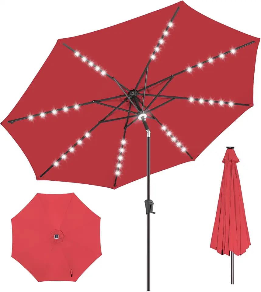 Solar Patio Umbrella with Centre Light, 9 ft Red