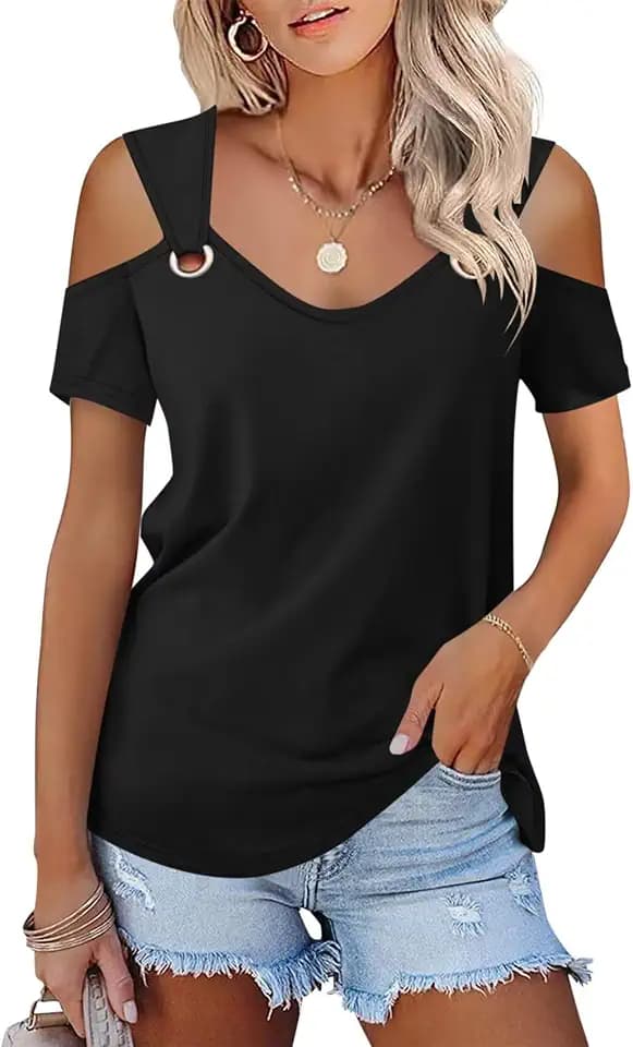 Minetom Women's Cold Shoulder Tops Short Sleeve V Neck T Shirts Summer Tee
