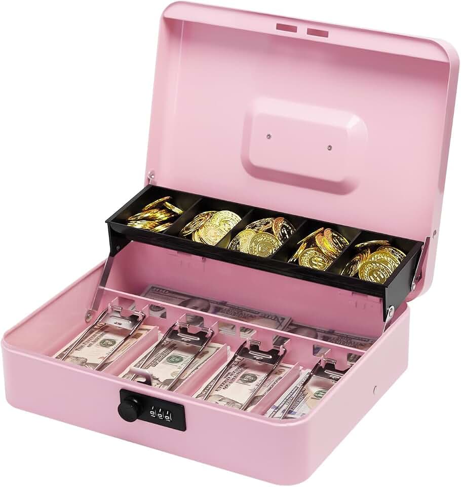 Cash Box with Combination Lock, Metal Money Box with Money Tray, Petty Cash Lock Box for Garage Sale, Yard Sale, Small Business, 11.8" x 9.4" x 3.5" (Pink Combination)