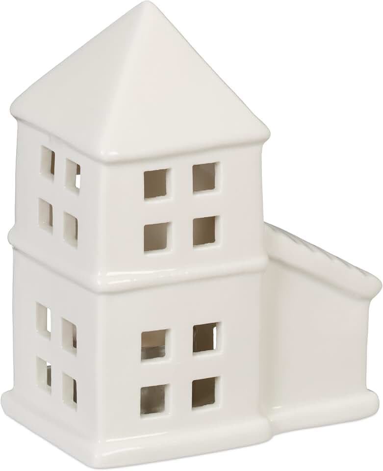 Relaxdays Teelichthaus Keramik, Leuchthäuschen für 1 Teelicht, H x B x T: 11,5 x 9,5 x 6 cm, Teelichthalter Haus, weiß