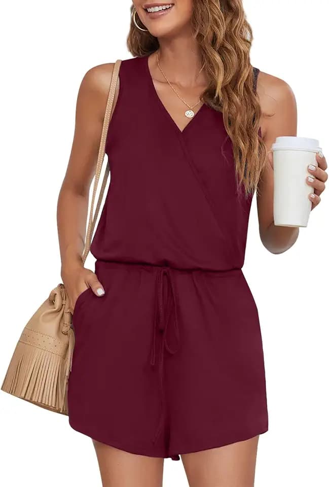 Sommer Jumpsuit Damen Elegant V-Ausschnitt Playsuit Casual Overalls Kurz Romper einfarbiges Hosenanzug