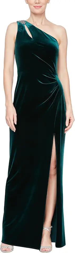 Alex Evenings Women's Long One Shoulder Velvet Formal Gown with Ruched Waist, Wedding Guest, Party Dress
