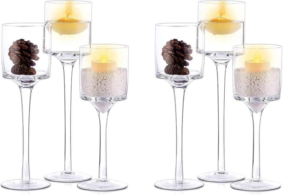 Nuptio Teelichthalter 6 Stück Glas Kerzenhalter - Teelicht & Schwimmkerzen Hohe Elegante Stumpenkerzenhalter für Hochzeit Party Tisch Weihnachten Tafelaufsätze Wohnzimmer Heimdekoration