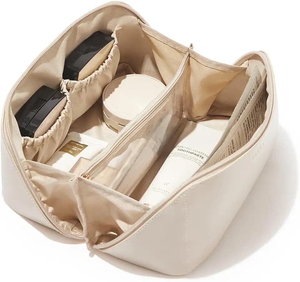 EACHY Travel Makeup Bag for Women, PU Leather Cosmetic Bag, White, Medium