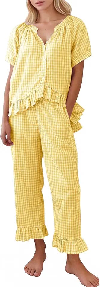 COZYPOIN 100% Cotton Pajamas for Women Set Cute Gingham Lounge Set