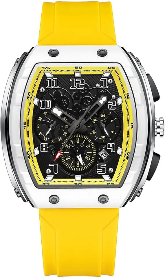 FANMIS Watches for Men Unique Rectangle Sports Watch White Wristwatch with Digital Analog Dual Time Display Chronograph Punk Cool Design Waterproof Watch-Trendy Silicone Strap Timepiece