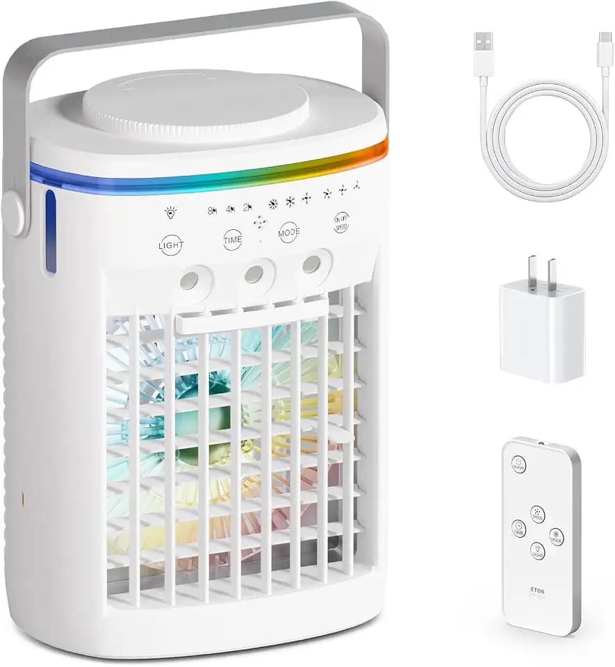 Portable Air Conditioner,Cooling Fan with 3 Speeds &3 Modes,2-8H Timer,1000ml Water Tank, Remote Control,4 in 1 Humidifier, Air Conditioner,Fan,Night Light,Evaporative Air Cooler for Home,Office