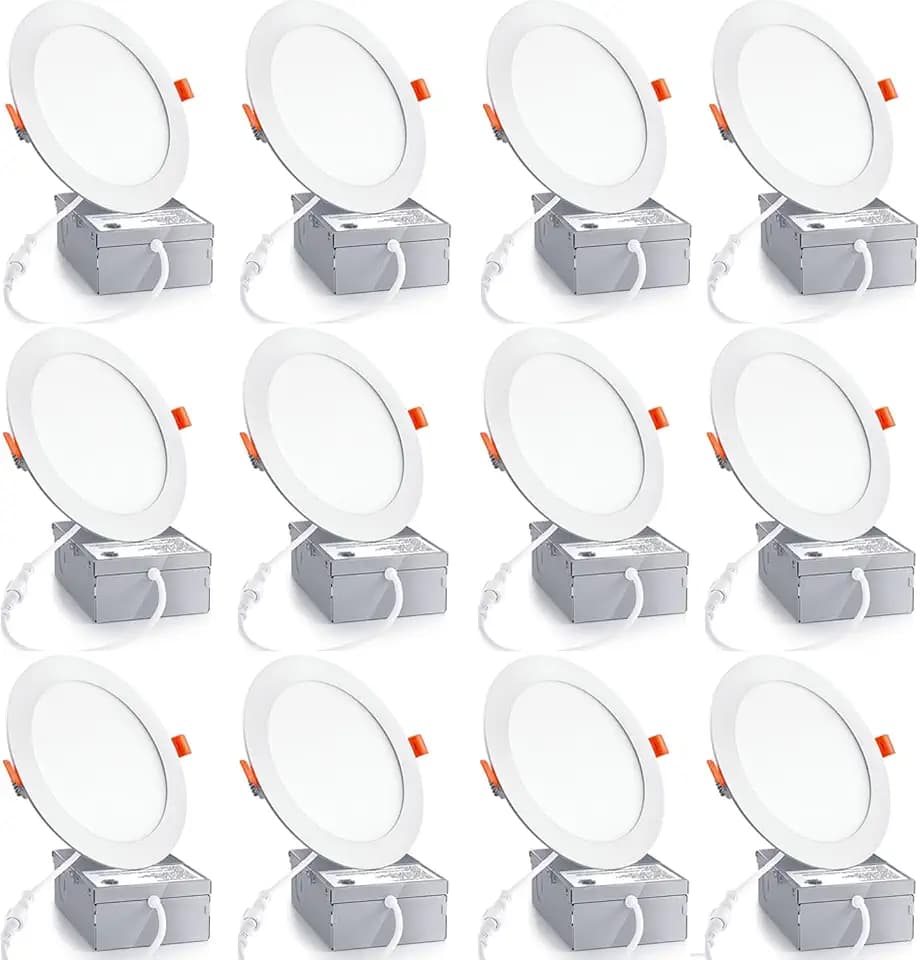 12 Pack 6 Inch Ultra-Thin LED Recessed Ceiling Light with Junction Box,6000K Daylight Deluxe Can Lights,12W 110W Eqv,Canless Wafer Slim Panel Downlight,1080LM Led Lights.