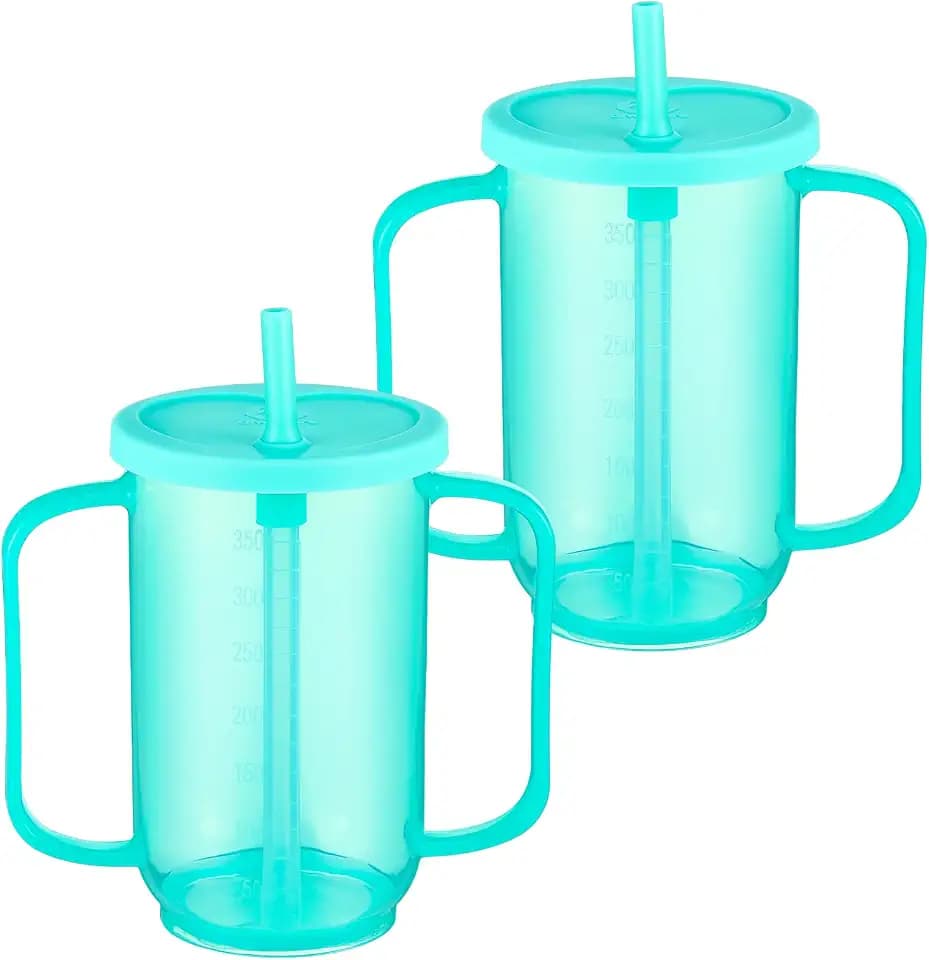Sliner 2 Pcs Adult Sippy Cups for Elderly 12oz with Straw, Blue