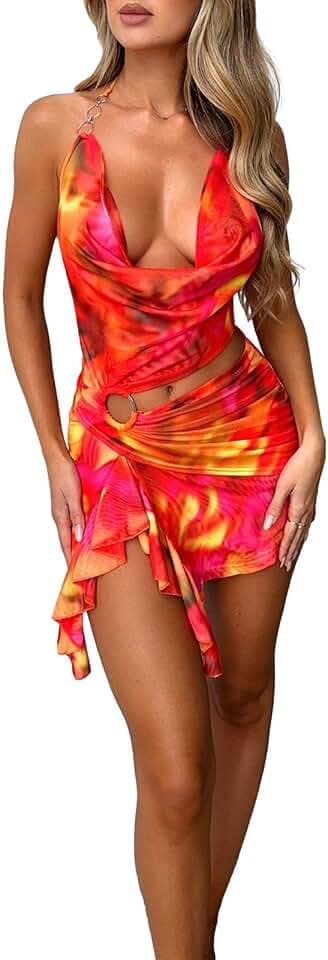 Geagodelia Damenkleid, Sommer, sexy, kurz, rückenfrei, Ausschnitt, ärmellos, Minikleid, Halterneck, asymmetrisch, mit Rüschen
