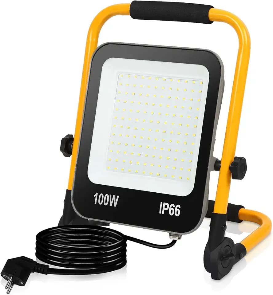 Ikodm LED Baustrahler, 100W Tragbares Flutlicht Baulampe, 10000LM 6000K Kaltweiß Bauscheinwerfer, Arbeitsleuchte IP66 Wasserdicht, M Kabel, Faltbarer Ständer für Werkstatt(mit Stecker), GOL-8790-M1x
