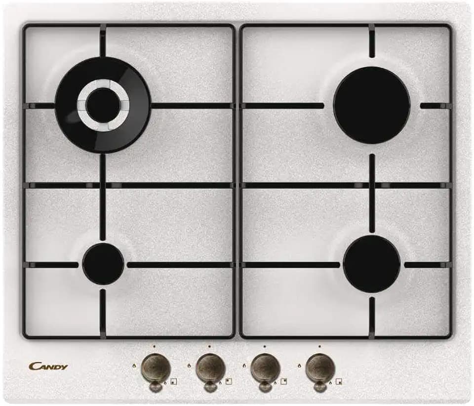 Candy Classic Gaskochfeld mit 4 Brennern, Edelstahl, Brenner mit doppelter Krone und emailliertem Grillrost, spülmaschinenfest und leicht, 59,5 x 51 x 3,8 cm, Hafer – CHW6BRAV4WGT