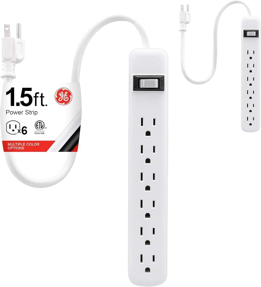 GE Power Strip, 2 Pack, 6 Outlet Extender, 1.5 ft Extension Cord, Plastic