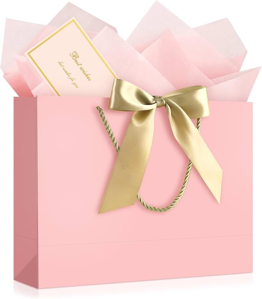 JMANNI Pink Gift Bags with Handles, 13" Medium Gift Bags with Tissue Paper