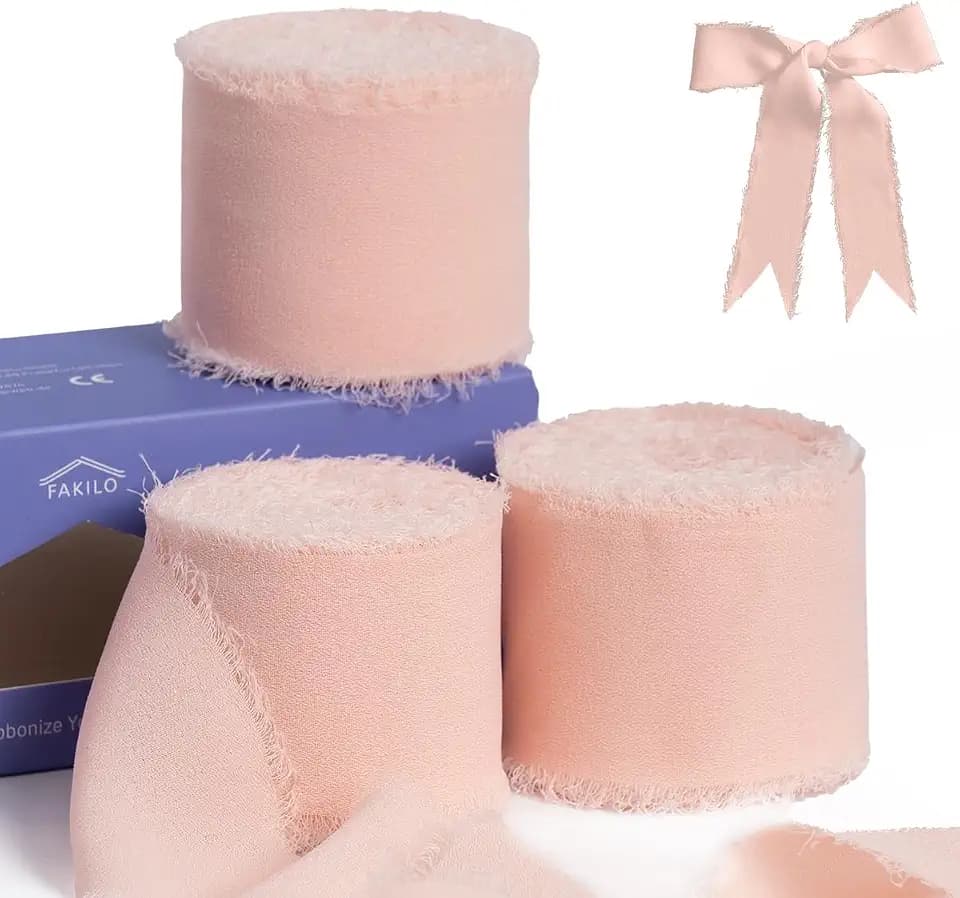 Rosa Schleife, Chiffon-Band zum Verpacken von Geschenken, FAKILO Fransenband, 3 Rollen 3,8 cm x 19,5 m Vintage-Band-Set für Hochzeitseinladungen, Geburtstags-/Urlaubsparty-Dekorationen, Brautsträuße
